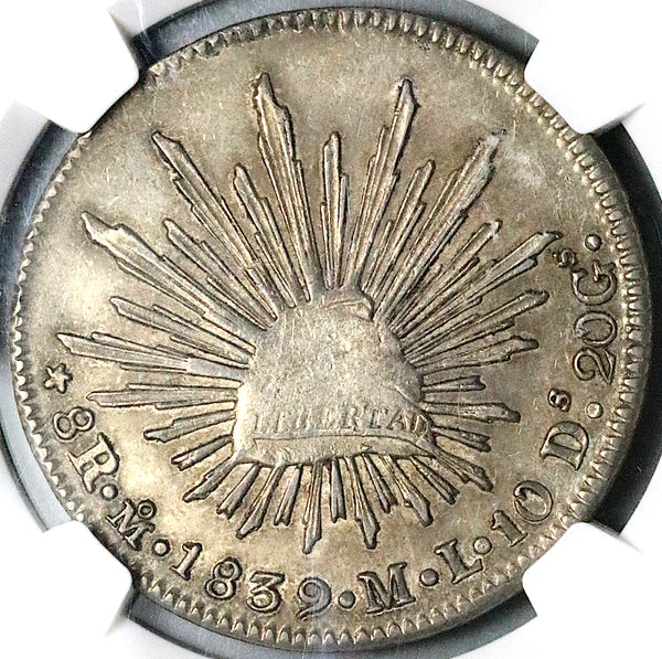 1839-Mo NGC AU 58 Mexico 8 Reales City Mint Scarce Cap Rays Silver Coin (25091401D)