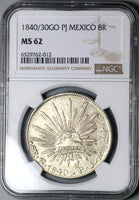 1840/30-Go NGC MS 62 Mexico 8 Reales Guanajuato Overdate Cap Rays Silver Coin (24061502C)