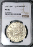 1840/30-Go NGC MS 62 Mexico 8 Reales Guanajuato Overdate Cap Rays Silver Coin (24061502C)