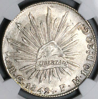 1842-Go PM NGC MS 62 Mexico 8 Reales Guanajuato Cap Rays Silver Coin (23062701D)