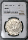 1842-Go PM NGC MS 62 Mexico 8 Reales Guanajuato Cap Rays Silver Coin (23062701D)