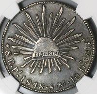 1848-Pi NGC AU Mexico 8 Reales Potosi Mint Rare Cap Rays Silver Coin (24102003C)
