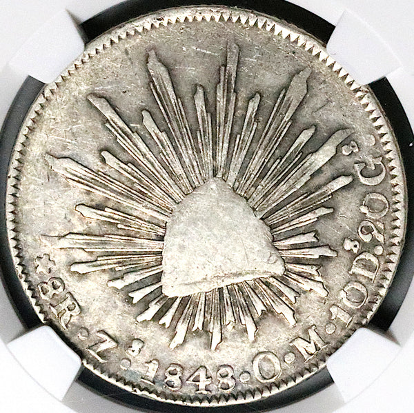 1848/7-Zs NGC VF 35 Mexico 8 Reales Cap Rays Rare Zacatecas Mint Overdate Silver Coin (25092702C)