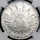 1857-C NGC AU Mexico 8 Reales Culiacan Mint Scarce Cap Rays Silver Coin (26052701D)