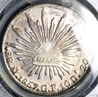 1857-Mo GF PCGS AU 58 Mexico 8 Reales Proof Like Cap Rays Silver Coin (25040503C)