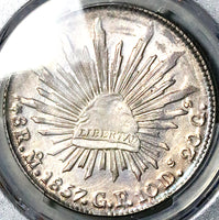 1857-Mo GF PCGS AU 58 Mexico 8 Reales Proof Like Cap Rays Silver Coin (25040503C)