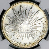 1858-Mo NGC MS 62 Mexico 8 Reales Cap Rays 8R Silver Dollar Coin (26080701C)
