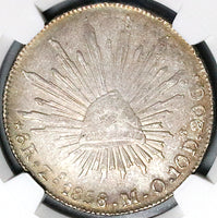 1858-Zs NGC AU 58 Mexico 8 Reales Zacatecas Cap Rays Silver Coin (24010603D)