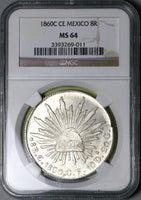 1860-C NGC MS 64 Mexico 8 Reales Culiacan Mint State Cap Rays Silver Coin (24102001C)