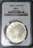 1860-C NGC MS 64 Mexico 8 Reales Culiacan Mint State Cap Rays Silver Coin (24102001C)
