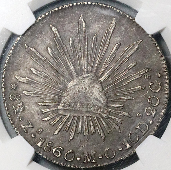 1860-Zs MO NGC AU 50 Mexico 8 Reales Zacatecas Cap Rays Silver Coin (24040702C)