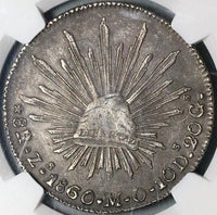 1860-Zs MO NGC AU 50 Mexico 8 Reales Zacatecas Cap Rays Silver Coin (24040702C)