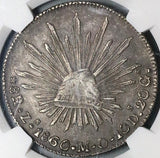 1860-Zs MO NGC AU 50 Mexico 8 Reales Zacatecas Cap Rays Silver Coin (24040702C)