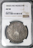 1860-Zs MO NGC AU 50 Mexico 8 Reales Zacatecas Cap Rays Silver Coin (24040702C)