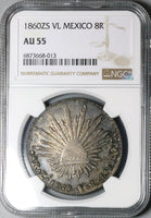 1860-Zs VL NGC AU 55 Mexico 8 Reales Zacatecas Cap Rays Silver Coin (24040703C)