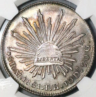 1861-Mo TH NGC MS 61 Mexico 8 Reales Rare Cap Rays Silver Coin (23080402C)