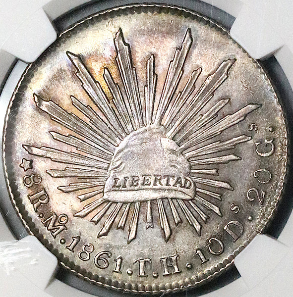 1861-Mo TH NGC MS 61 Mexico 8 Reales Rare Cap Rays Silver Coin (23080402C)