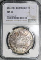 1861-Mo TH NGC MS 61 Mexico 8 Reales Rare Cap Rays Silver Coin (23080402C)