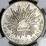 1862-Mo CH NGC UNC Mexico 8 Reales Cap Rays Silver Coin (26072903C)