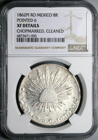 1862-Pi NGC XF Mexico 8 Reales Potosi Mint Pointed 6 Scarce Chopmarked Silver Coin (24040404C)