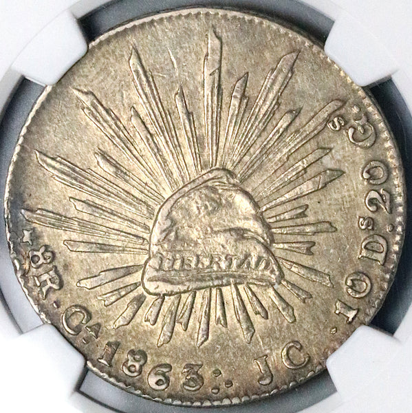1863-Ca JC NGC AU Mexico 8 Reales Chihuahua Mint Scarce Silver Coin (24081304C)