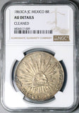 1863-Ca JC NGC AU Mexico 8 Reales Chihuahua Mint Scarce Silver Coin (24081304C)