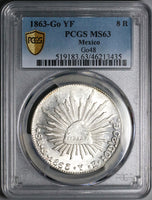 1863-Go PCGS MS 63 Mexico 8 Reales Guanajuato Cap Rays Silver Coin (23092501C)