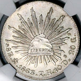 1863-Mo TH NGC UNC Mexico 8 Reales Cap Rays Silver Coin (26072905C)