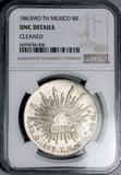 1863-Mo TH NGC UNC Mexico 8 Reales Cap Rays Silver Coin (26072905C)
