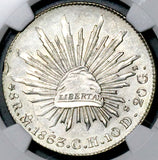 1863-Mo CH NGC UNC Mexico 8 Reales Cap Rays Silver Coin (26072904C)