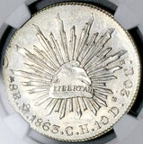 1863-Mo CH NGC UNC Mexico 8 Reales Cap Rays Silver Coin (26072904C)