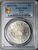 1864-O PCGS MS 62 Mexico 8 Reales Oaxaca Mint Scarce Silver Coin (23071101C)