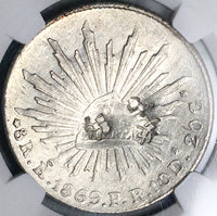 1869-Ho NGC AU Mexico 8 Reales Hermosillo Mint Rare Chopmarked Silver Coin (24041401C)
