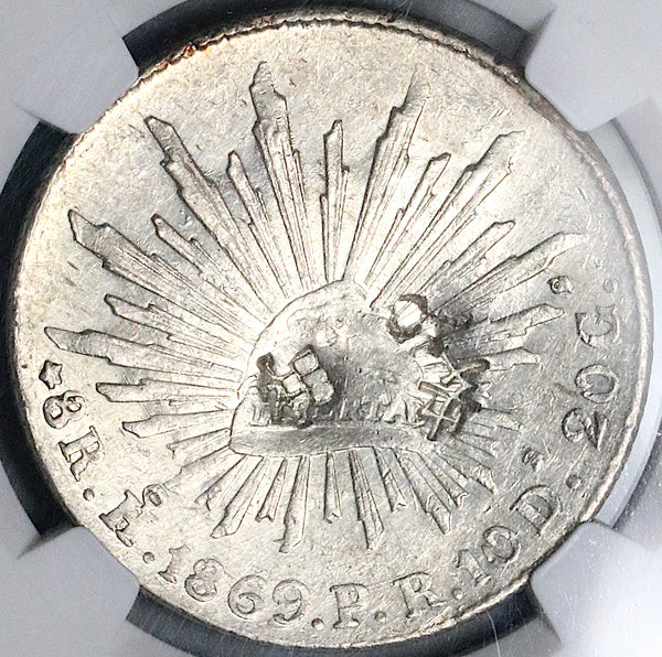 1869-Ho NGC AU Mexico 8 Reales Hermosillo Mint Rare Chopmarked Silver Coin (24041401C)