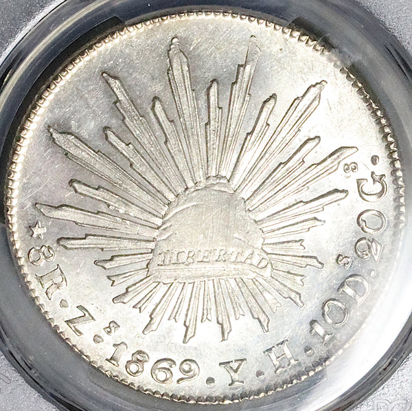 1869-Zs PCGS MS 63 Mexico 8 Reales Zacatecas Cap Rays Silver Coin POP 3/0 (24051801C)