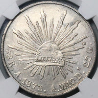 1873-A NGC AU Mexico 8 Reales Alamos Mint Rare Cap Rays Silver Coin (24032101C)