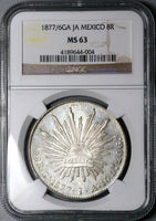 1877/6-Ga JA NGC MS 63 Mexico 8 Reales Near PL Overdate Silver Coin POP 3/0 (24101303C)