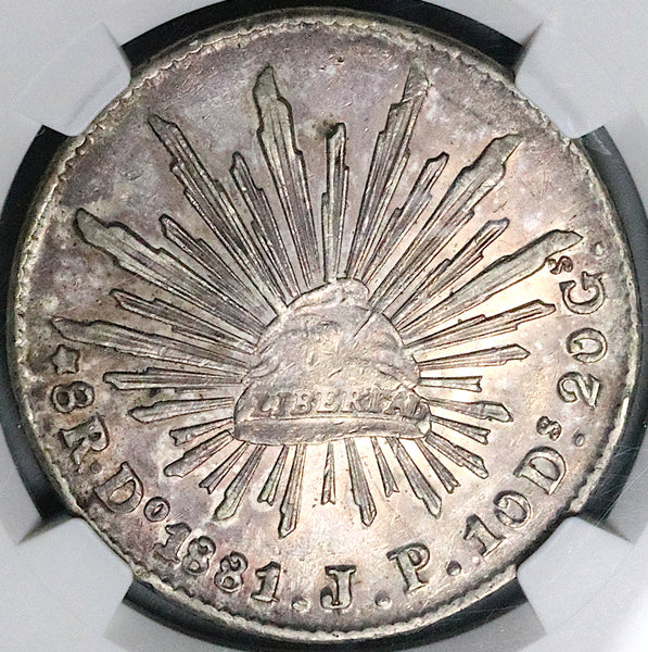 1881-Do NGC AU Mexico 8 Reales Durango Mint Cap Rays Silver Coin (24042001C)
