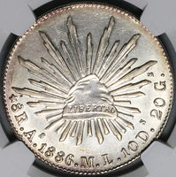1886-As NGC AU Mexico 8 Reales Rare Alamos Cap Rays Silver Coin (23051501C)