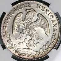 1886-As NGC AU Mexico 8 Reales Rare Alamos Cap Rays Silver Coin (23051501C)