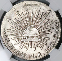 1886-Pi NGC MS 61 Mexico 8 Reales Potosi Mint Cap Rays Scarce Coin (23111603C)