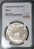 1886-Pi NGC MS 61 Mexico 8 Reales Potosi Mint Cap Rays Scarce Coin (23111603C)