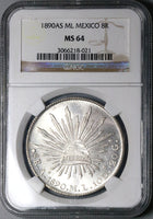 1890-As NGC MS 64 Mexico 8 Reales Rare Alamos Silver Coin POP 4/1 (24012801C)