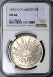 1890-Ho NGC MS 62 Mexico 8 Reales Hermosillo Mint State Very Scarce Silver Coin (23072301D)