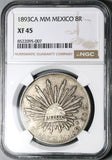 1893-Ca NGC XF 45 Mexico 8 Reales Cap Rays Chihuahua Mint Silver Coin (25092703C)