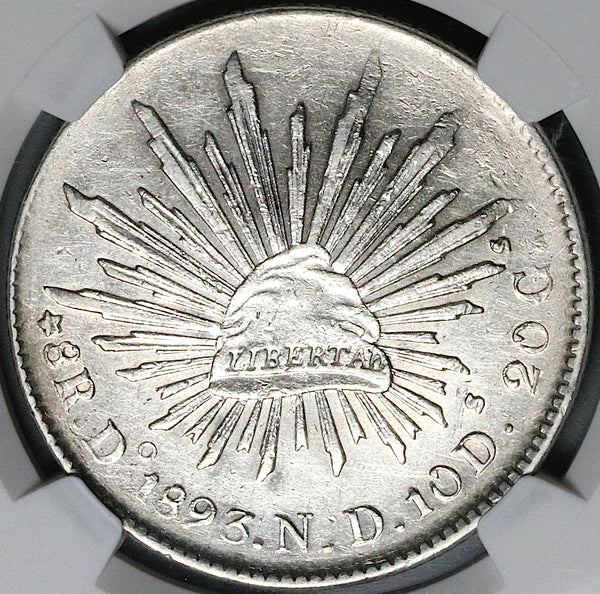 1893-Do NGC AU Mexico 8 Reales Durango Mint Cap Rays Silver Coin (24042004C)