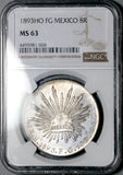 1893-Ho NGC MS 63 Mexico 8 Reales Hermosillo Near PL Silver Coin (26071301C)