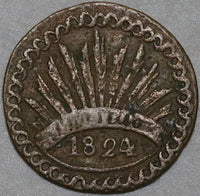 1824-D Durango 1/8 Real Octavo Rare Radiant Libertad Mexico State Copper Coin (25081001R)