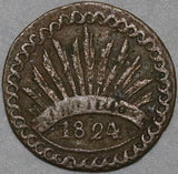 1824-D Durango 1/8 Real Octavo Rare Radiant Libertad Mexico State Copper Coin (25081001R)