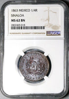 1863 NGC MS 62 Sinaloa Culiacan Mexico 1/4 Real Coin POP 1/1 (25050603C)